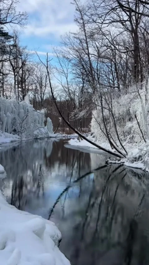 Vertical Time-lapse Serene Winter Stream Flowing Between Snow-Covered Banks Stock Footage 328275502