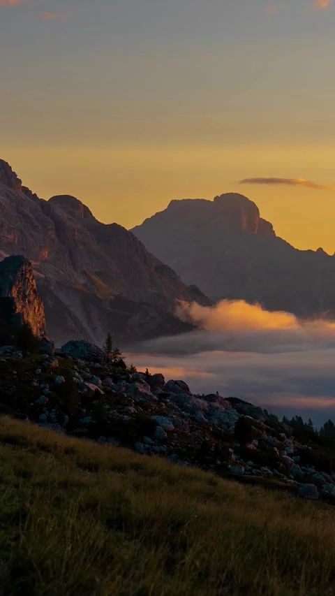 Vertical Time Lapse of Sunset Above Italian Dolomites, Clear Sky and Fog Stock Footage 341842251