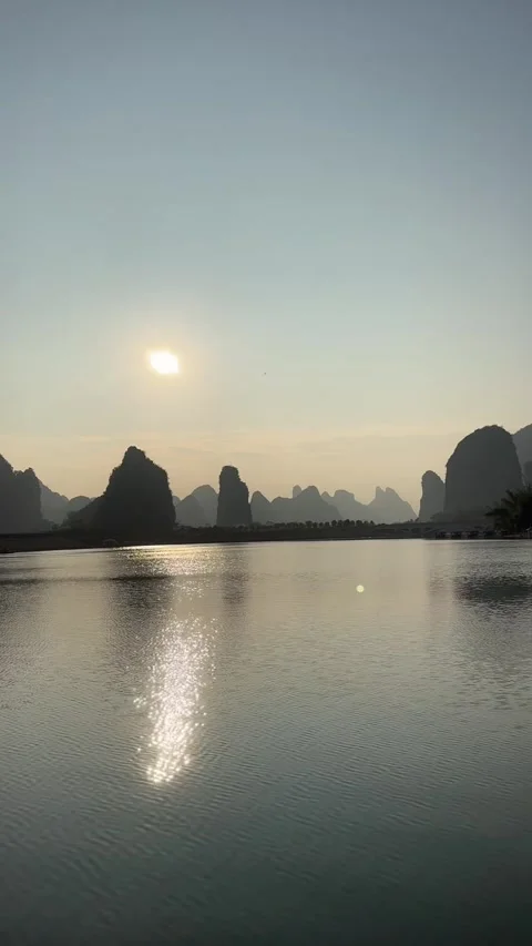 Vertical Time Lapse Sunset Over Guilin Karst Mountains and Flowing River Stock Footage 327043583