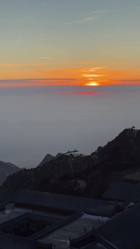 Vertical Time Lapse Sunset Over Chinese Mountain Peak with Cable Car and Tem Stock Footage 327044813