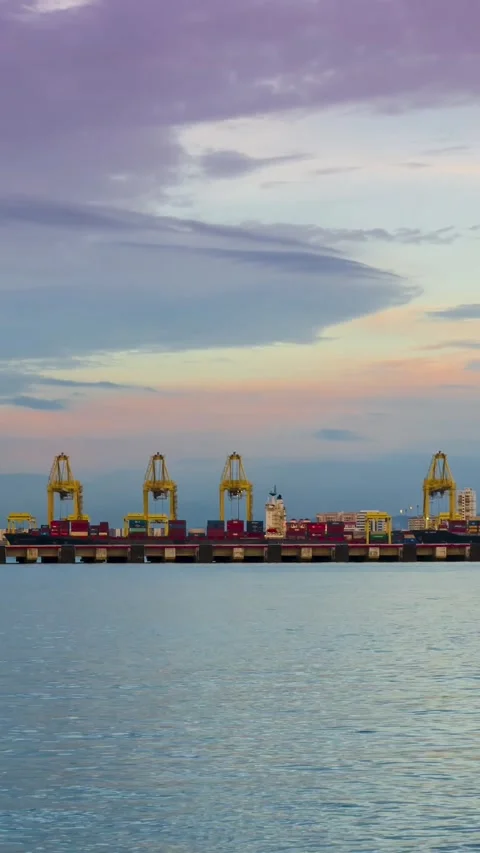 Vertical timelapse of  deep sea port with cargoship loading and unloading w.. Stock Footage 224702867