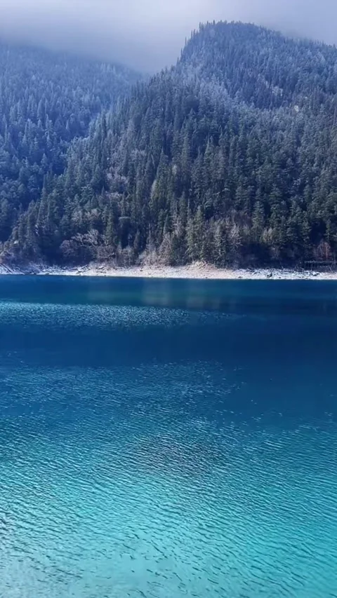 Vertical Timelapse of Fast Moving Blue Alpine Lake Water with Snowy Forest B Video stock 326079466