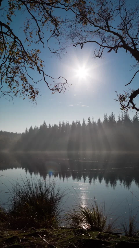 Vertical Timelapse Haze is moving over lake surface backlit by sunlight Stock Footage 280177721