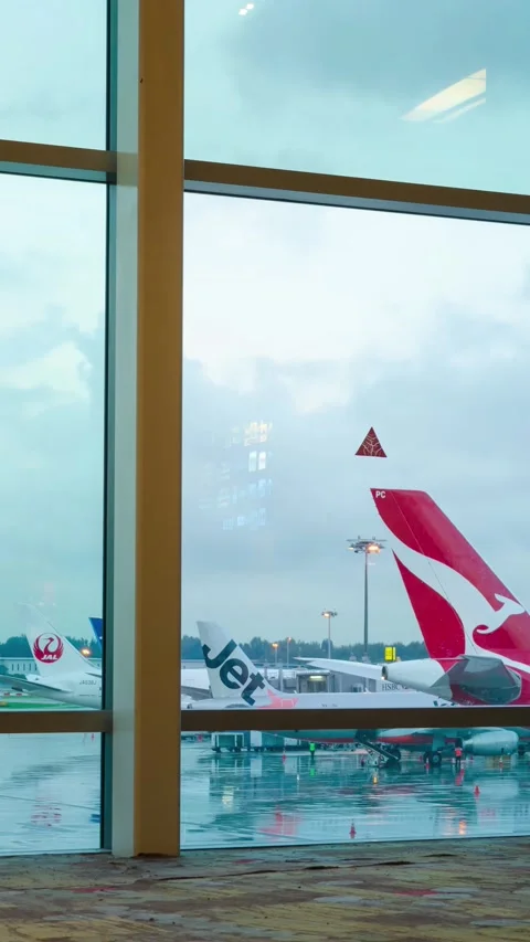 Vertical timelapse interior view inside departure terminal hall with giant wi Stock Footage 218613853