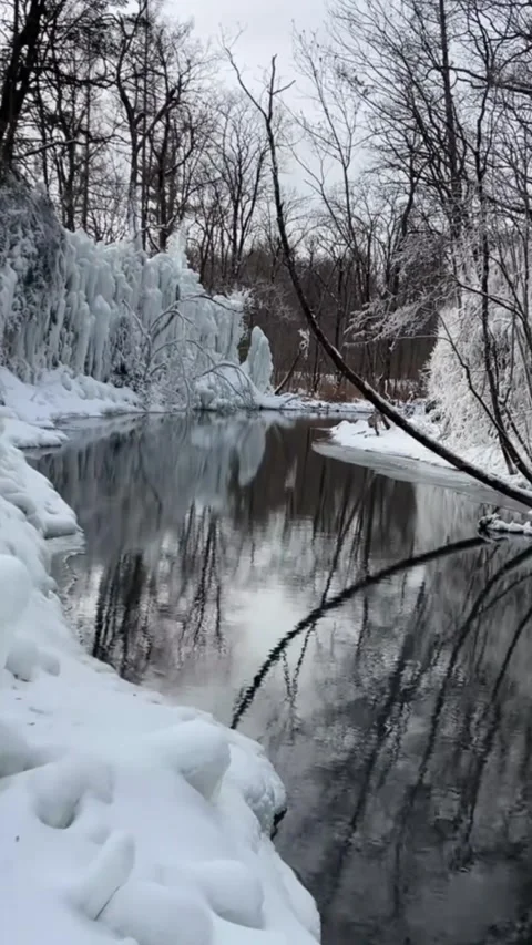 Vertical timelapse of river water flowing past large icicles in a snowy wint Video stock 327581811