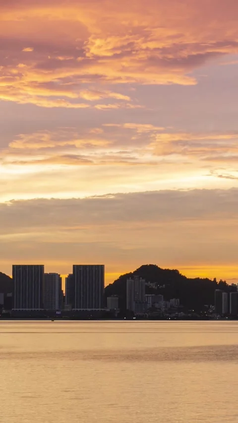 Vertical timelapse silhouette view of waterfront city with highrise skyscrape Stock Footage 218613855