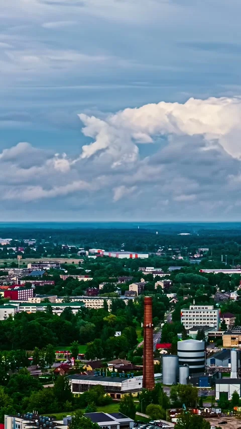 Vertical Timelapse Of Small Industrial Town With Brick Chimney Tower Stock Footage 340040907