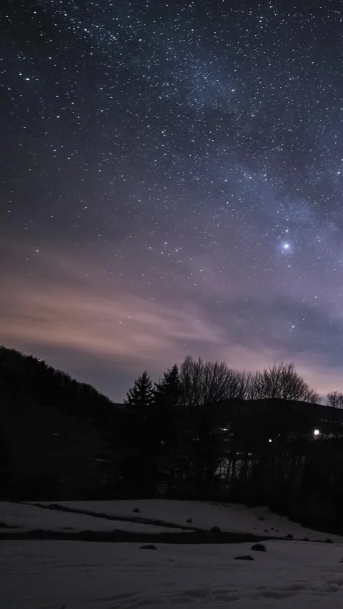 Vertical Timelapse of Starry Night Sky Milky Way Galaxy in Winter Nature Stock Footage 307712477