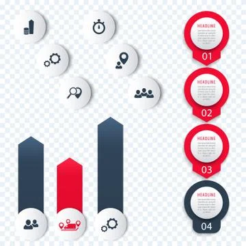 Vertical timeline, elements for infographics, icons, 1, 2, 3, 4, step labels, Illustrazione stock