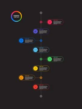 Vertical timeline infographic with round elements on a black background Stock Illustration