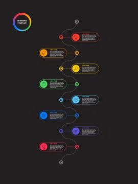 Vertical timeline infographic with round elements on a black background 스톡 일러스트