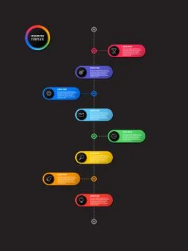 Vertical timeline infographic with round elements on a black background Stock Illustration