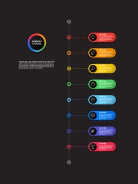 Vertical timeline infographic with round elements on a black background Stock Illustration