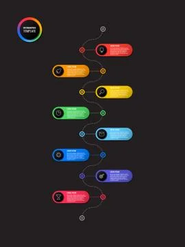 Vertical timeline infographic with round elements on a black background Stock Illustration