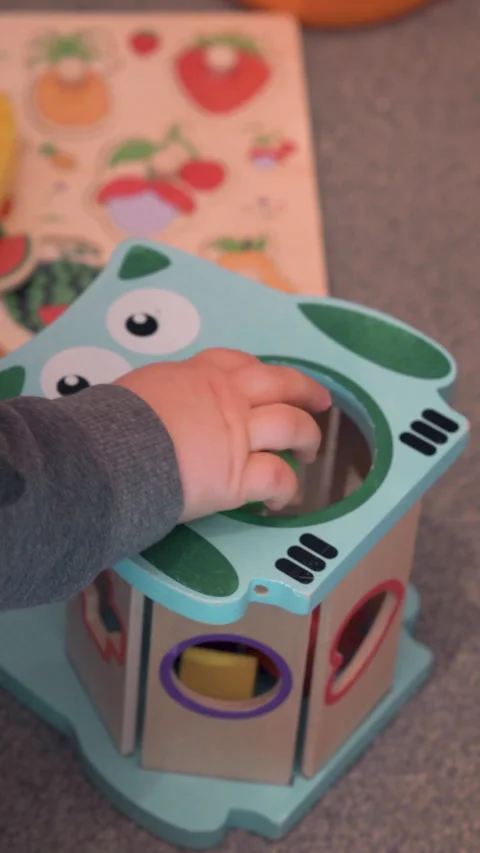 Vertical Toddler Putting Multiple Blocks In Shape Sorter Stock Footage 329370310