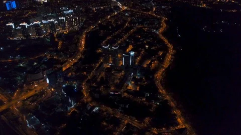 Vertical top down aerial view of night panorama of a big city Stock Footage 88409237