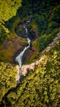 A vertical top down aerial view of Cascade 500 pieds in Mauritius Stock Photos