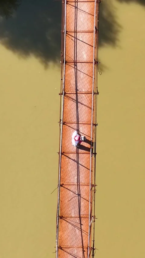 Vertical Top Down Drone Shot Ascending Over Rusty Bridge Asi River Turkey Stock Footage 336725417