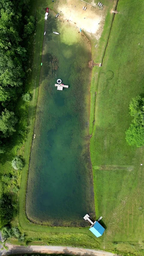 Vertical Top Down Drone View of Forest Lake and Dock. Stock Footage 330354825
