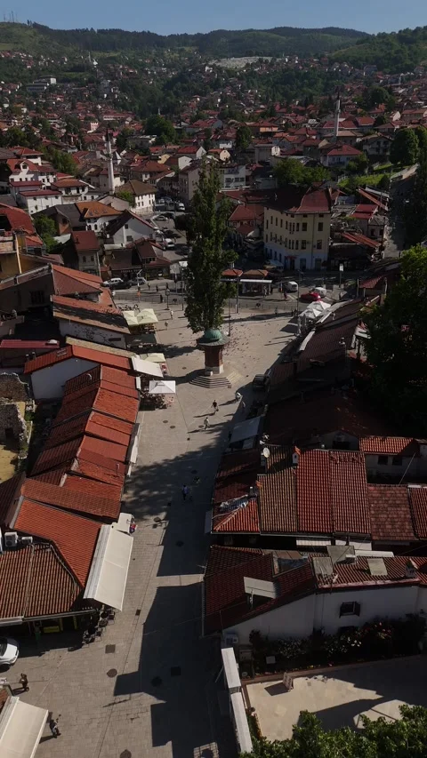 Vertical Top Down Drone View of Sebilj Fountain and Bascarsija Square, 4K Stock Footage 337181048