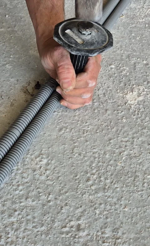 Vertical top-down view of electrician securing conduit to the floor 스톡 동영상 345664335