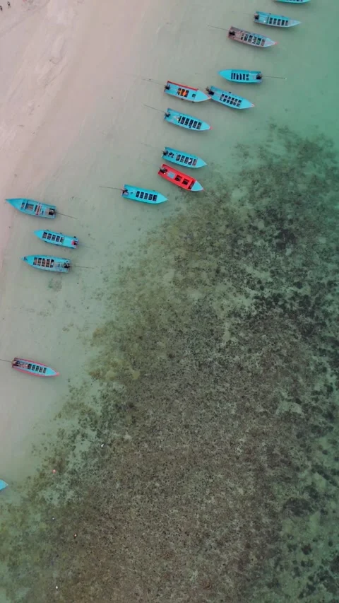 A vertical top drone shot of a beach, small blue docked tourist boats. water is Stock Footage 321332570