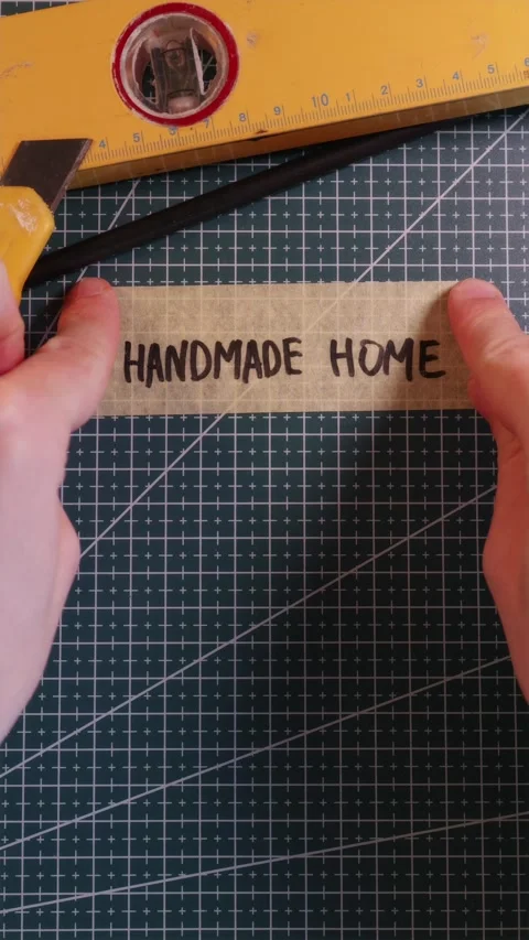 Vertical top shot of applying HANDMADE HOME tape sticker on green mat. Stock Footage 337816373