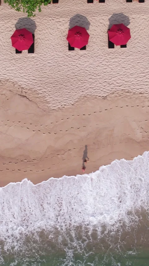 Vertical top view drone shot of a Sandy Beach with red umbrellas. Gentle Ocean Stock Footage 319880727