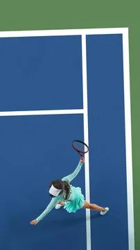 Vertical top view image of young woman, professional tennis player in motion on Stock Photos