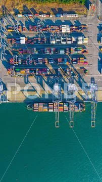 Vertical top view of ISO containers for cargo on a ship in Kochi, the ...