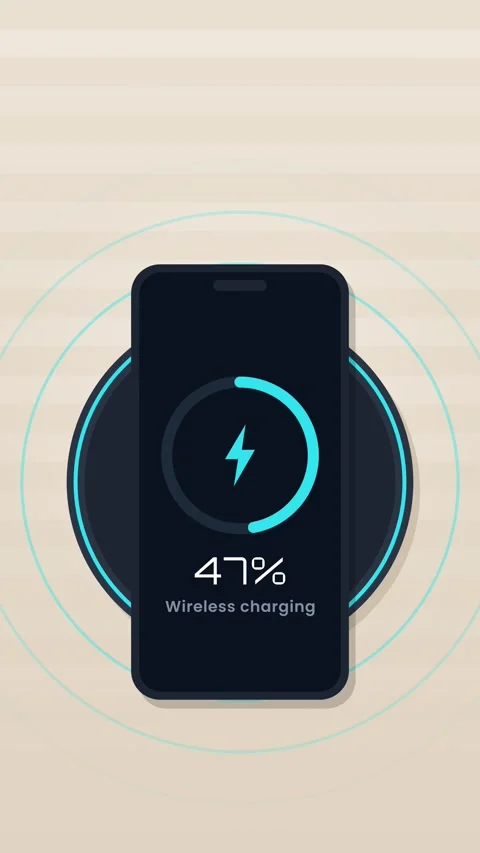 Vertical top view of a phone placed on a wireless charging pad with ripple rings Vídeos de archivo 348618019