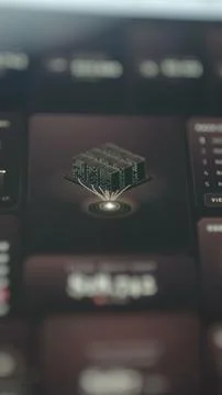 Vertical touchscreen overview presents a glowing 3D data center cluster Stock Photos