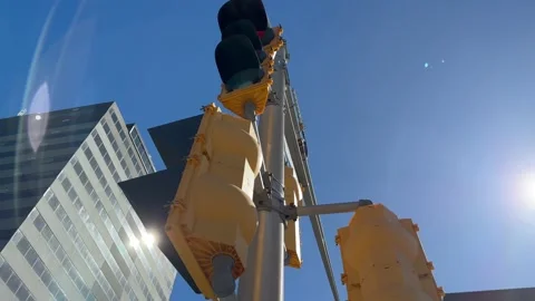 Vertical traffic light changes color crossroads big city. Stock Footage 238532733