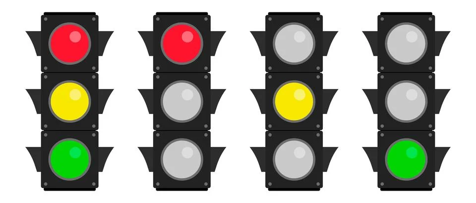 Vertical traffic light icon set. Red, yellow and green signals. Vectors. Stock Illustration