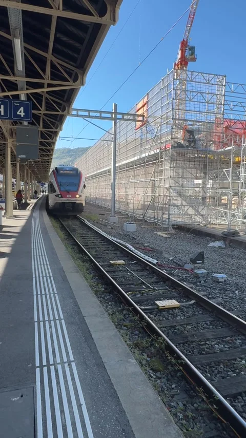 Vertical train at Vevey station with construction Switzerland Video stock 333291391
