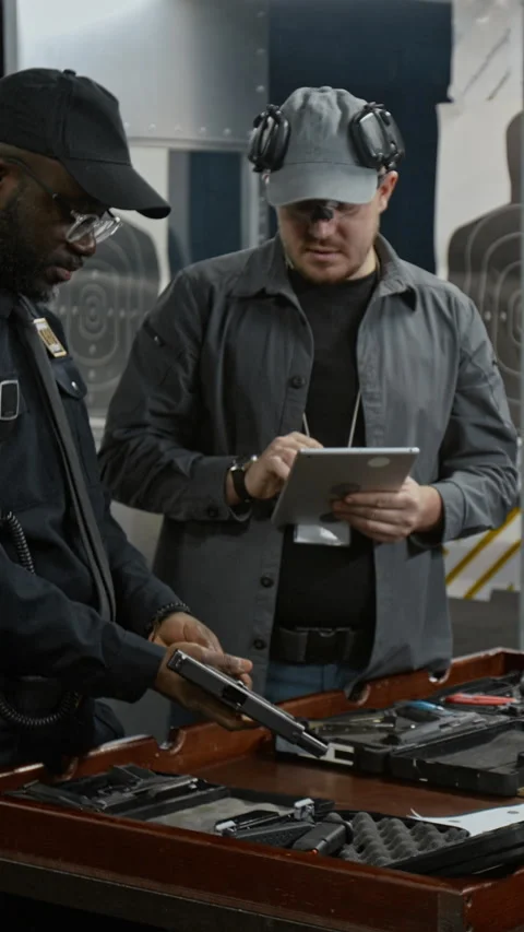 Vertical of Trainee Officer Practicing in Loading Handgun and Coach Watching Stock Footage 305344128