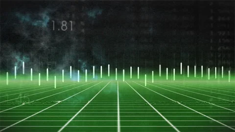 Vertical translucent data bars rising from green wireframe grid floor, numeric 스톡 동영상 309342348