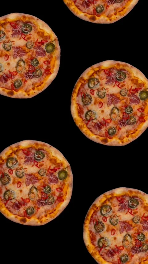 Vertical trendy moving food background animation of flying many pizzas on black Stock Footage 281854631