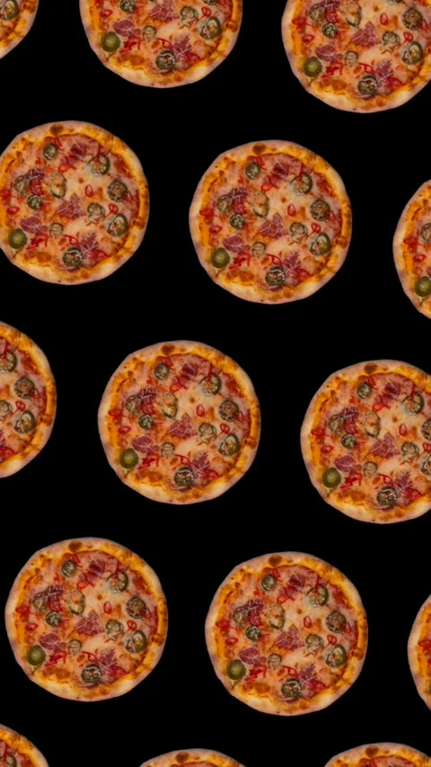 Vertical trendy moving food background animation of flying many pizzas on black Stock Footage 293202881