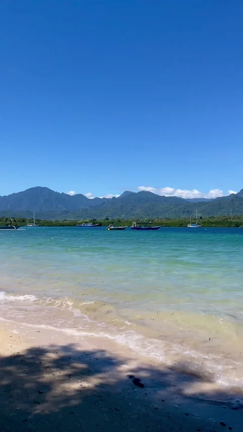 Vertical Tropical Turquoise Beach and Mountains Bali Stock Footage 335916044