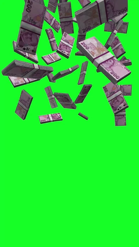 Vertical Turkish Lira Banknotes Falling Animation on Green Screen Stock-Footage 284089173