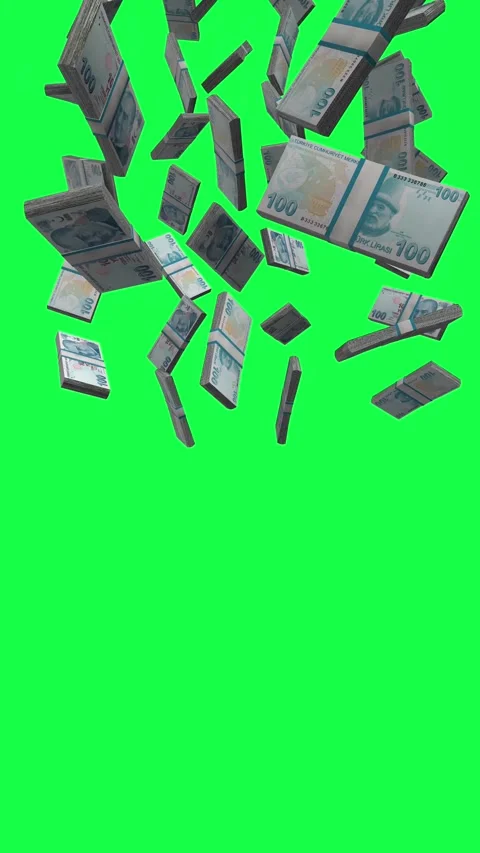 Vertical Turkish Lira Falling Animation Stacks Of Money on Green Screen Video stock 302301345