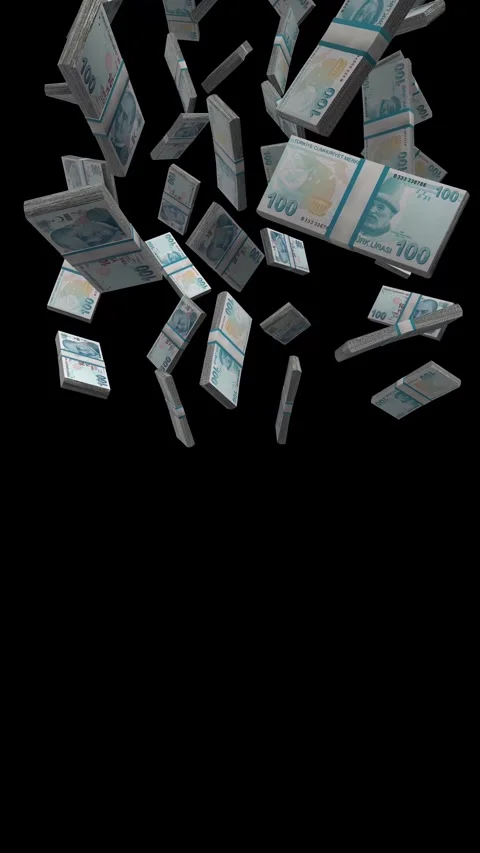 Vertical Turkish Lira (TRY) Falling Animation Stacks Of Money on Black Scree Stock Footage 302301344