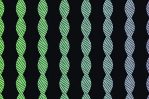 Vertical twisted ribbons transition from green to blue across a dark background Stock Illustration