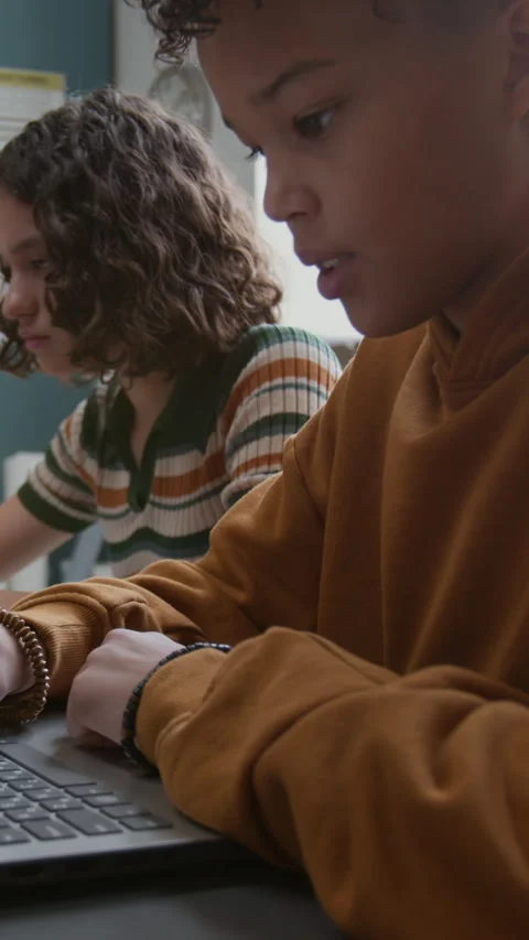 Vertical of Two Diverse Young Students Working on Laptops at Lesson Stock Footage 318727887