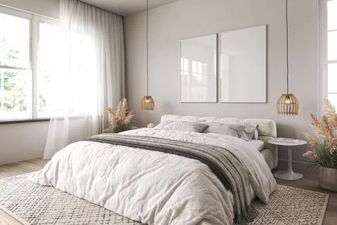 Vertical two frame mockup in boho bedroom interior with wooden floor and white 스톡 일러스트