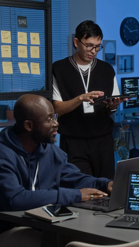 Vertical of Two Multiethnic Web Engineers Developing Software and Conversing Stock Footage 329618859