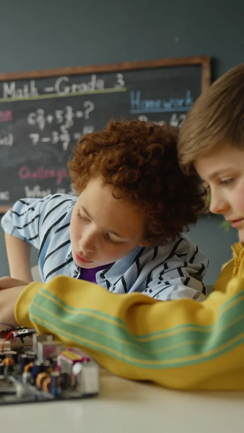Vertical of Two Schoolboys Building Electronic Circuit Board in Stem Class Stock Footage 340547351