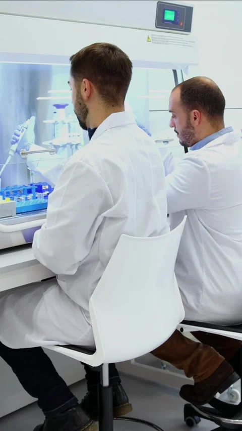 Vertical two Scientists working in modern laboratory doing research Stock Footage 296886332