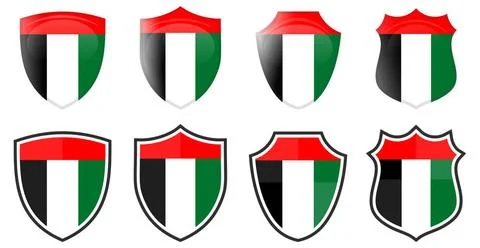 Vertical UAE flag in shield shape, four 3d and simple versions. United Ara... Stock Photos